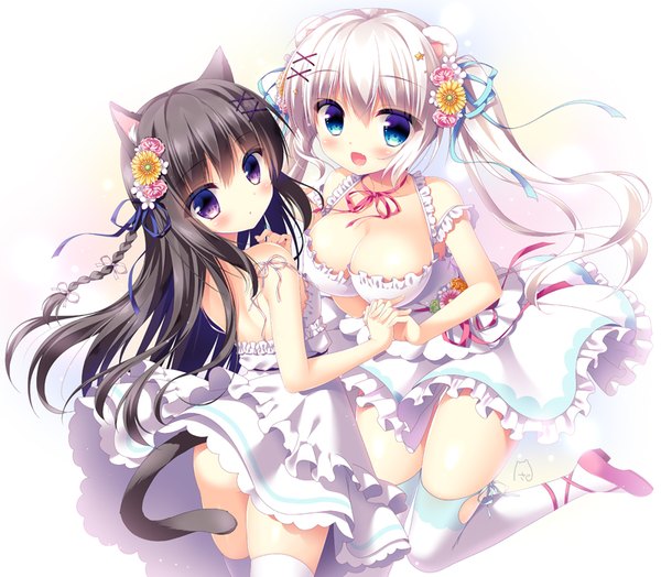 Anime picture 800x699 with original sasai saji long hair looking at viewer blush breasts open mouth blue eyes light erotic black hair purple eyes multiple girls animal ears cleavage white hair tail animal tail hair flower cat ears cat girl