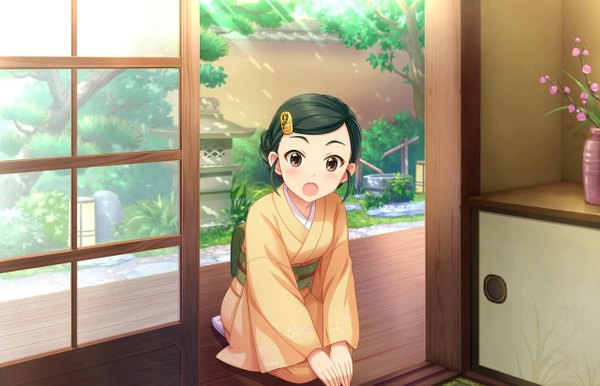 Anime picture 1280x824 with idolmaster idolmaster cinderella girls idolmaster cinderella girls starlight stage shutou aoi single looking at viewer blush short hair open mouth black hair traditional clothes japanese clothes black eyes girl flower (flowers) kimono obi