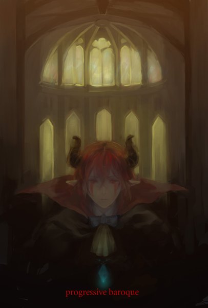 Anime picture 1128x1664 with sasame (artist) single tall image short hair red eyes red hair pointy ears inscription facial mark glowing face paint boy choker neckerchief