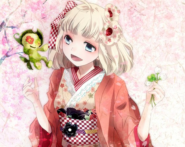 Anime picture 1024x819 with ao no exorcist a-1 pictures moriyama shiemi nii (ao no exorcist) short hair open mouth blue eyes blonde hair traditional clothes hair flower demon girl hair ornament flower (flowers)