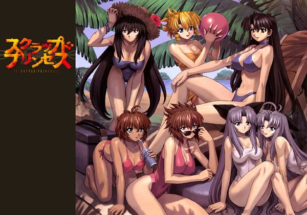 Anime picture 1024x720 with scrapped princess studio bones pacifica casull raquel casull cz zefiris winia chester seness lulu giat long hair looking at viewer short hair breasts open mouth blue eyes light erotic black hair blonde hair smile red eyes brown hair