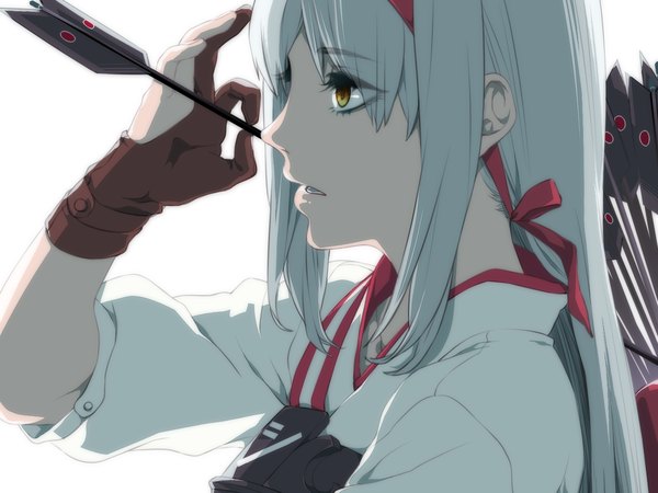 Anime picture 1400x1050 with kantai collection shoukaku aircraft carrier seia single long hair open mouth simple background white background holding brown eyes looking away profile lips grey hair close-up girl gloves ribbon (ribbons) weapon hair ribbon