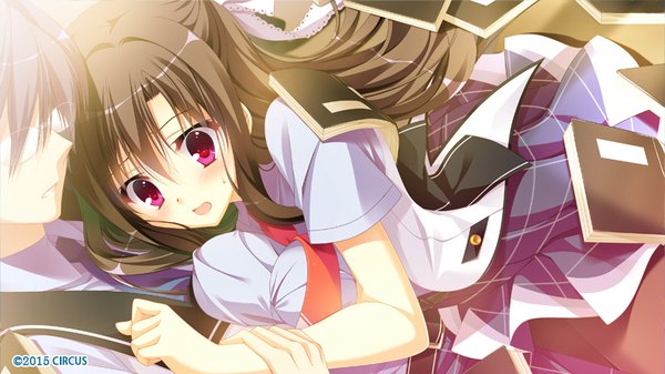 Anime picture 800x450 with d.s. -dal segno- circus (studio) murasaki hazuki long hair blush fringe short hair breasts open mouth light erotic hair between eyes brown hair wide image payot looking away game cg pink eyes from above holding hands solo focus