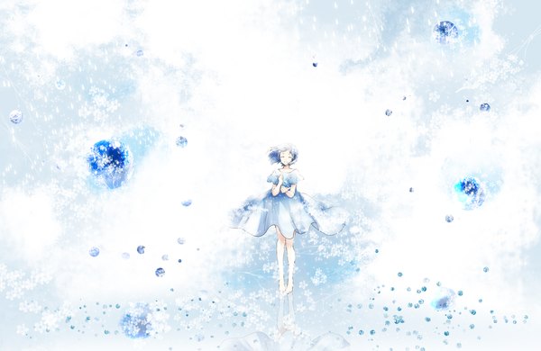 Anime picture 2000x1300 with original koto2 single highres short hair standing blue hair eyes closed barefoot wind tears reflection rain girl dress flower (flowers) blue dress