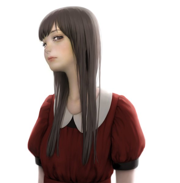 Anime picture 945x962 with original mujiha (mlog) single long hair tall image looking at viewer fringe simple background brown hair white background brown eyes short sleeves girl dress red dress