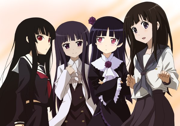 Anime picture 1509x1059 with ore no imouto ga konna ni kawaii wake ga nai hyouka hell girl inu x boku ss kyoto animation studio deen david production gokou ruri chitanda eru enma ai shirakiin ririchiyo akuto long hair blush black hair red eyes purple eyes multiple girls light smile girl