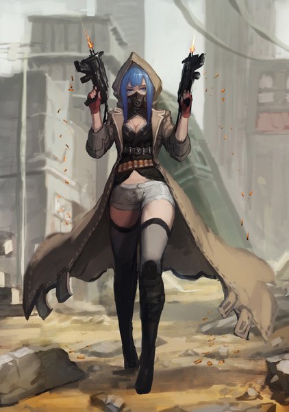 Anime picture 1294x1838 with original pixiv fantasia pixiv fantasia t gods single long hair tall image looking at viewer fringe breasts blue eyes holding blue hair cleavage zettai ryouiki walking ruins destruction shot casing ejection