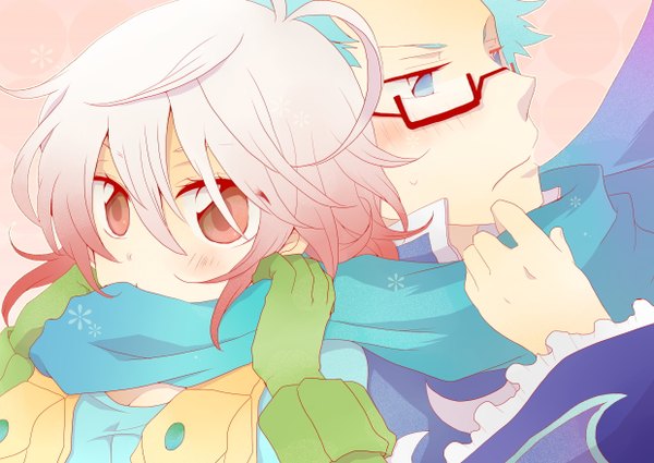 Anime picture 1240x880 with tales of graces pascal hubert ozwell blush short hair blue eyes red eyes blue hair pink hair couple shared scarf girl boy gloves glasses scarf