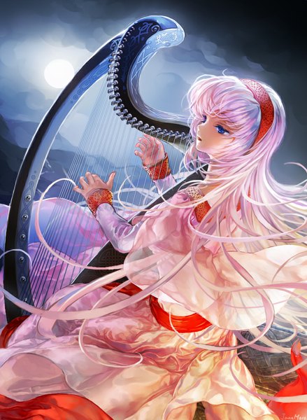 Anime picture 731x1000 with vocaloid megurine luka jane mere single long hair tall image fringe open mouth blue eyes looking away pink hair sky long sleeves wind mountain singing girl hair ornament moon full moon
