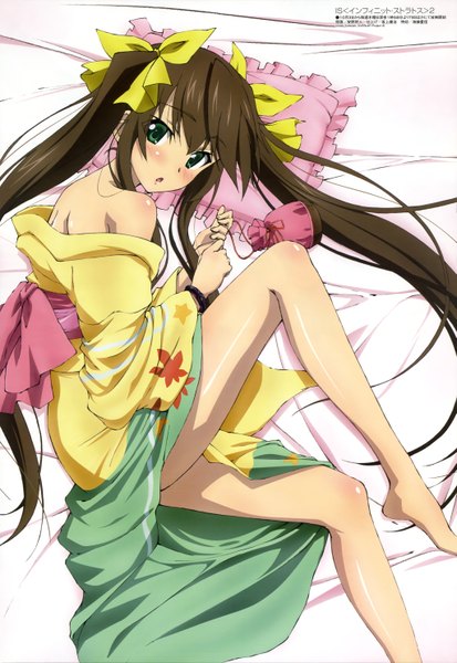 Anime picture 4091x5942 with infinite stratos megami magazine 8bit fang linyin long hair tall image blush highres brown hair twintails bare shoulders green eyes absurdres traditional clothes japanese clothes official art girl bow hair bow kimono