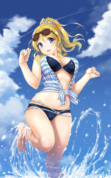 Anime picture 750x1192 with love live! school idol project sunrise (studio) love live! ayase eli kichiroku single long hair tall image looking at viewer blush fringe breasts open mouth blue eyes light erotic blonde hair smile large breasts standing bare shoulders