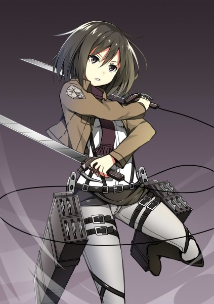 Anime picture 846x1200 with shingeki no kyojin production i.g mikasa ackerman sky-freedom single tall image fringe short hair breasts black hair holding brown eyes looking away bent knee (knees) grey background flat chest dual wielding military girl uniform