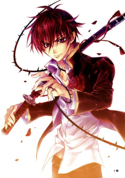 Anime picture 1056x1500 with barajou no kiss higa kaede shouoto aya tall image short hair smile red eyes white background purple eyes red hair boy sword rose (roses) thorns