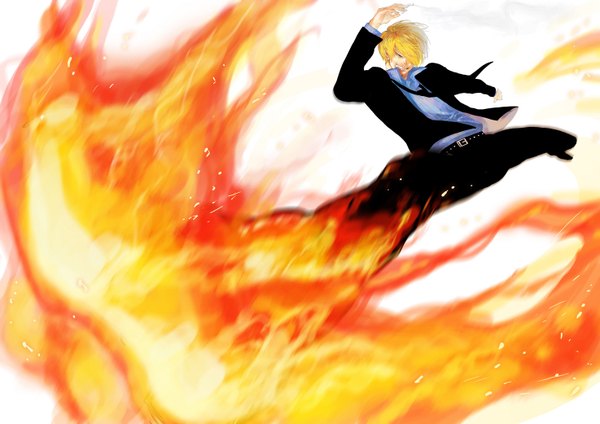 Anime picture 1474x1042 with one piece toei animation sanji quanro single fringe short hair blonde hair hair over one eye formal boy pants suit fire cigarette