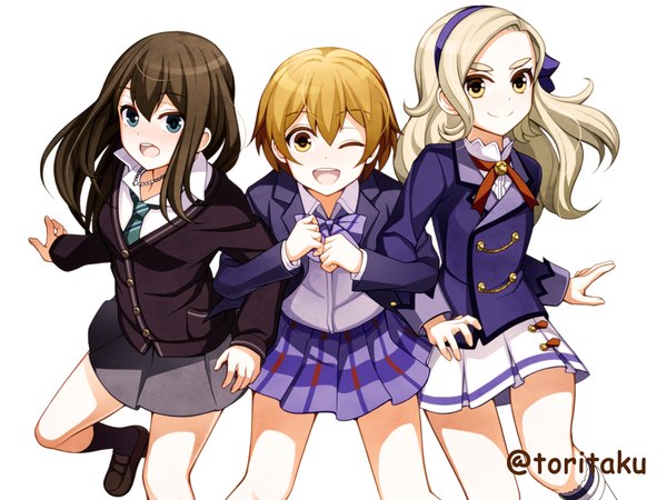 Anime picture 1000x750 with idolmaster idolmaster cinderella girls love live! school idol project aikatsu! sunrise (studio) love live! shibuya rin hoshizora rin kurosawa rin torigoe takumi long hair blush short hair open mouth black hair smile brown hair multiple girls brown eyes signed