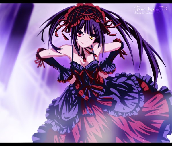 Anime picture 1294x1100 with date a live tokisaki kurumi toxicavenger97 single long hair smile red eyes bare shoulders yellow eyes purple hair heterochromia coloring light hands on hips uneven twintails girl dress hairband
