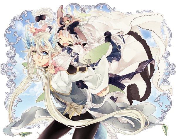 Anime picture 1100x868 with original pixiv fantasia pixiv fantasia new world tsukudato long hair fringe open mouth blue eyes green eyes sky cloud (clouds) white hair braid (braids) eyes closed very long hair horn (horns) pointy ears from behind bunny ears hug