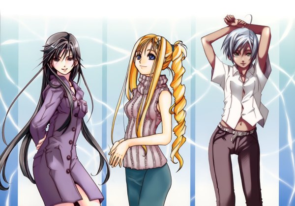 Anime picture 6000x4192 with aria alicia florence athena glory akira e ferrari amano kozue long hair highres short hair blue eyes black hair blonde hair smile multiple girls green eyes absurdres white hair black eyes arms behind head girl 3 girls