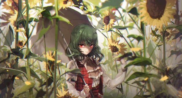 Anime picture 1024x554 with touhou kazami yuuka no-kan single looking at viewer fringe short hair smile hair between eyes red eyes wide image standing upper body green hair girl flower (flowers) umbrella neckerchief sunflower
