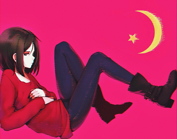Anime picture 1024x803 with original eventh7 single looking at viewer short hair brown hair brown eyes pink background pale skin reclining crescent girl pantyhose boots star (symbol) moon