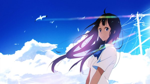 Anime picture 1280x720 with tom skender single long hair looking at viewer fringe blue eyes black hair wide image standing sky cloud (clouds) wind sunlight flying sunbeam girl bow animal shirt white shirt