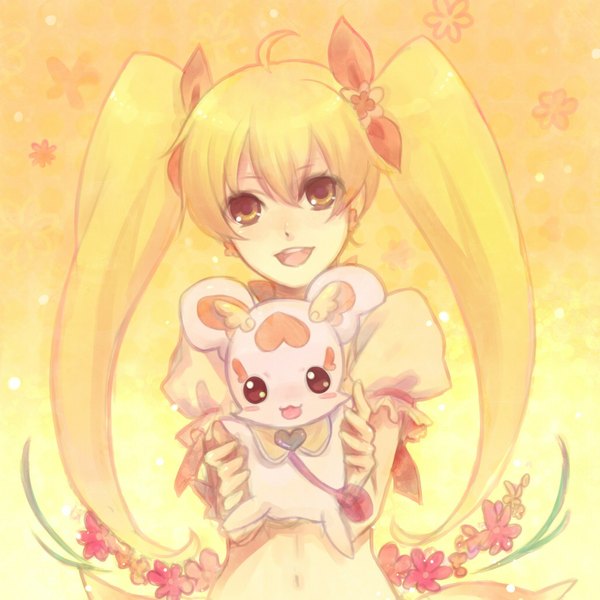 Anime picture 1024x1024 with heartcatch precure! myoudouin itsuki cure sunshine potpourri otsuki (artist) long hair open mouth blonde hair twintails yellow eyes yellow background girl animal