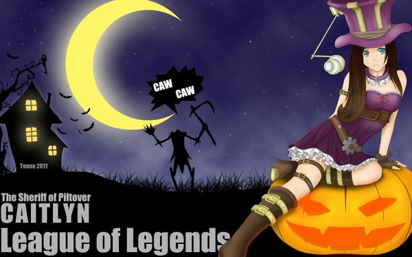 Anime picture 1680x1050 with league of legends caitlyn (league of legends) fiddlesticks (league of legends) tonnelee single long hair looking at viewer blue eyes brown hair wide image crescent girl hat thigh boots vegetables house bat pumpkin owl