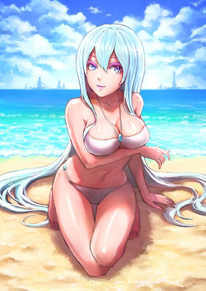 Anime picture 707x1000 with million arthur (series) kaku-san-sei million arthur square enix haoni single tall image breasts blue eyes light erotic large breasts blue hair looking away very long hair beach sand girl navel swimsuit bikini choker