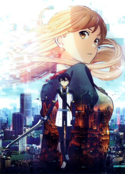 Anime picture 2869x4000 with sword art online sword art online the movie: ordinal scale a-1 pictures yuuki asuna kirigaya kazuto abec long hair tall image looking at viewer fringe highres short hair breasts black hair hair between eyes brown hair standing holding brown eyes full body