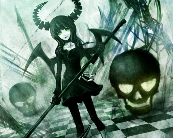 Anime picture 1280x1024 with black rock shooter dead master single long hair looking at viewer open mouth black hair green eyes horn (horns) black wings checkered floor girl dress wings black dress skull scythe