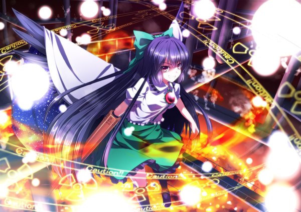 Anime picture 2480x1753 with touhou reiuji utsuho ryosios single long hair highres black hair smile red eyes starry sky print arm cannon girl skirt bow weapon hair bow miniskirt wings green skirt