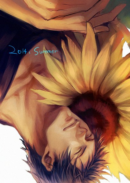 Anime picture 708x1000 with kuroko no basket production i.g aomine daiki kamaboko (boiled fish paste) single tall image short hair black hair simple background white background holding upper body eyes closed lips sleeping summer upside down 2014 boy flower (flowers)
