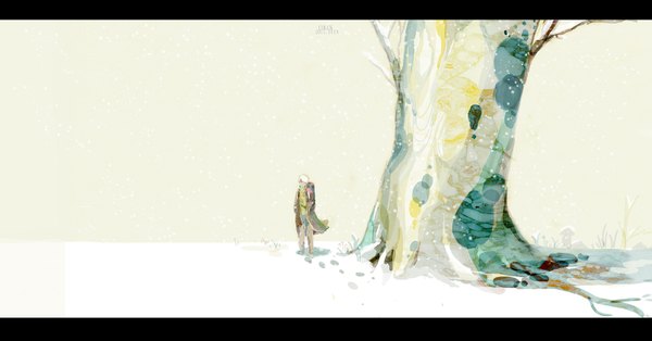 Anime picture 1607x843 with mushishi ginko sarnath single fringe short hair wide image white background white hair hair over one eye snowing letterboxed winter snow hands in pockets footprints boy plant (plants) tree (trees) coat