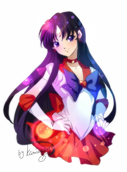 Anime picture 888x1200 with bishoujo senshi sailor moon toei animation hino rei sailor mars kaminary single long hair tall image black hair simple background smile white background purple eyes signed looking away hands on hips girl gloves earrings choker
