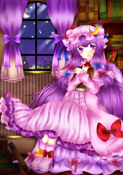 Anime picture 2000x2829 with touhou patchouli knowledge sorakase sawa (artist) single long hair tall image looking at viewer blush highres smile sitting purple eyes purple hair night girl dress bow hair bow boots window