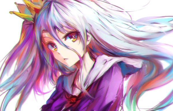 Anime picture 1444x931 with no game no life madhouse shiro (no game no life) mi bait single long hair looking at viewer fringe simple background hair between eyes red eyes white background purple eyes purple hair white hair multicolored hair wind orange eyes multicolored eyes girl