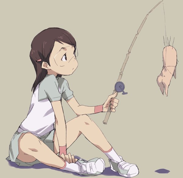 Anime picture 1200x1167 with dennou coil madhouse hashimoto fumie kawata hisashi short hair simple background brown hair sitting full body grey background fishing girl skirt hair ornament glasses bobby pin wristlet