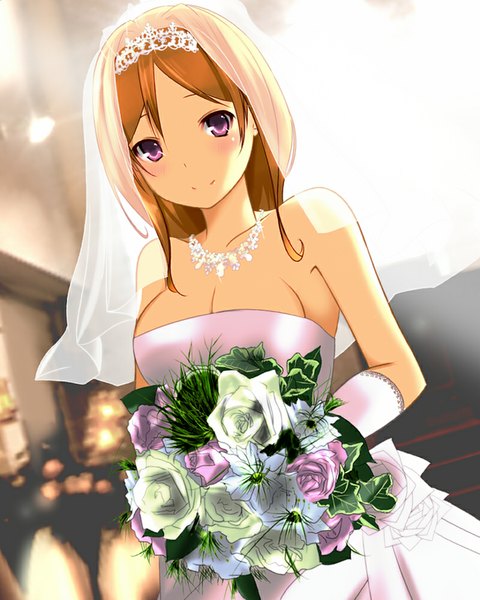 Anime picture 800x1000 with idolmaster idolmaster million live! momose rio suzuna rin single tall image looking at viewer fringe short hair smile brown hair purple eyes bare shoulders sleeveless wedding girl dress flower (flowers) rose (roses) jewelry