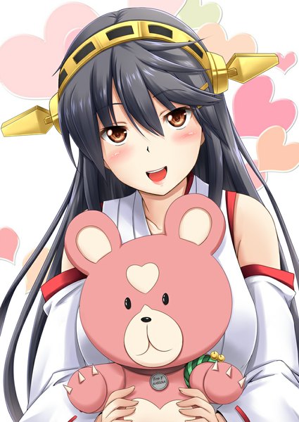 Anime picture 800x1130 with kantai collection aoki hagane no arpeggio haruna battleship yotarou (aoki hagane no arpeggio) fuuma nagi long hair tall image blush open mouth black hair brown eyes girl hair ornament detached sleeves heart toy stuffed animal teddy bear