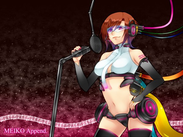 Anime picture 1600x1200 with vocaloid meiko nez-doll single short hair red eyes red hair nail polish girl detached sleeves glasses microphone wire (wires)