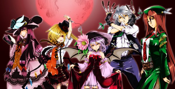 Anime picture 2098x1077 with touhou flandre scarlet remilia scarlet izayoi sakuya patchouli knowledge hong meiling long hair fringe highres short hair blonde hair red eyes wide image multiple girls pink hair purple hair red hair hair flower grey hair hair over one eye
