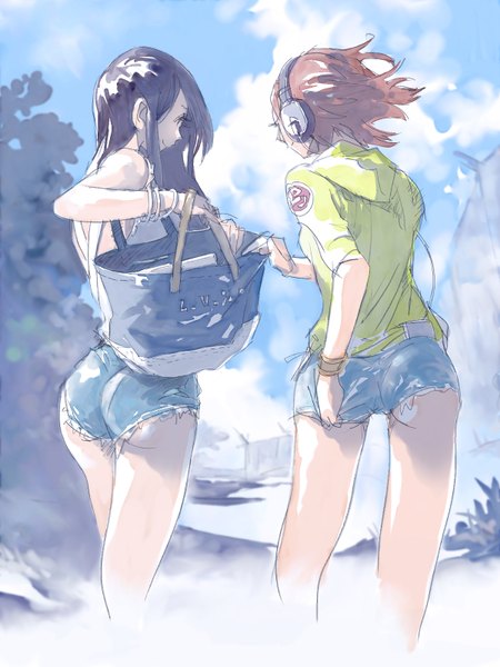 Anime picture 1200x1600 with pomodorosa long hair tall image short hair light erotic brown hair standing bare shoulders multiple girls sky purple hair cloud (clouds) ass profile from behind back casual girl 2 girls shorts