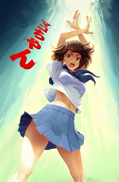 Anime picture 574x875 with kill la kill studio trigger mankanshoku mako jake probelski (ochrejelly) single tall image looking at viewer fringe short hair open mouth brown hair brown eyes signed inscription arms up bare belly from below girl navel uniform