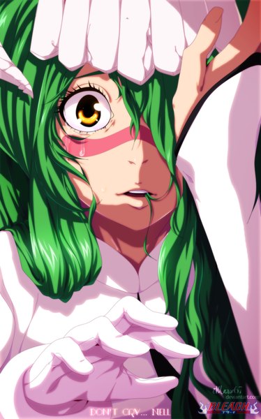 Anime picture 749x1200 with bleach studio pierrot nelliel tu odelschwanck eroishi long hair tall image fringe yellow eyes green hair hair over one eye inscription tears coloring facial mark close-up espada hair in mouth girl gloves white gloves