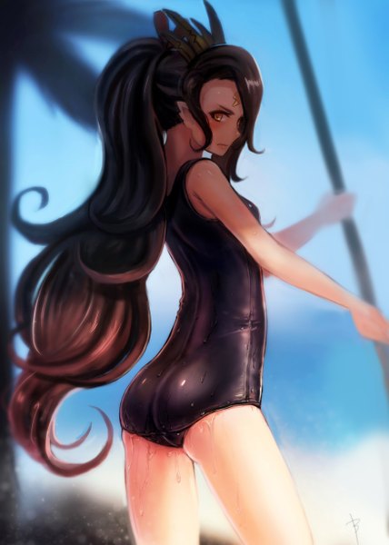 Anime picture 1748x2448 with original pixiv fantasia pixiv fantasia fallen kings bryanth single long hair tall image looking at viewer blush highres light erotic brown hair standing bare shoulders brown eyes signed sky ponytail wet facial mark