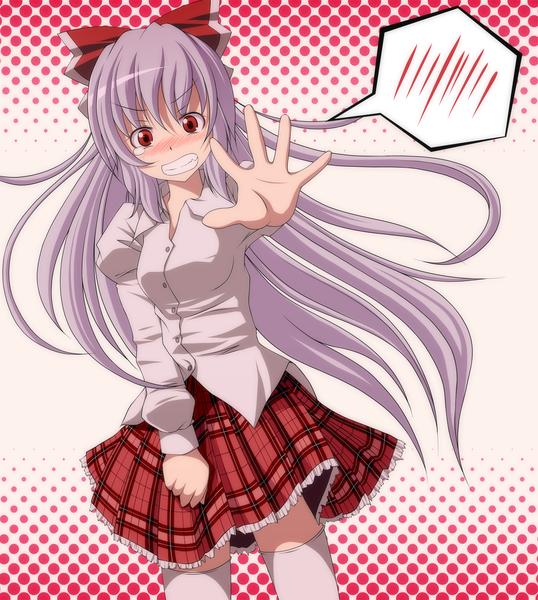 Anime picture 1500x1673 with touhou fujiwara no mokou s-syogo single long hair tall image blush red eyes purple hair tears girl thighhighs skirt bow hair bow miniskirt shirt white thighhighs speech bubble stop