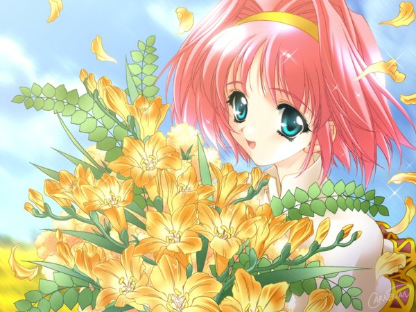 Anime picture 1280x960 with princess memory carnelian short hair blue eyes pink hair wallpaper flower (flowers) petals hairband bouquet