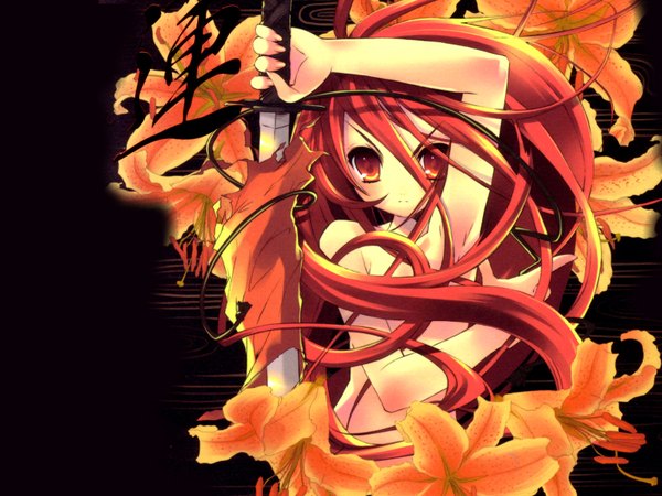 Anime picture 1600x1200 with shakugan no shana j.c. staff shana itou noiji long hair light erotic red eyes red hair official art black background girl flower (flowers) sword