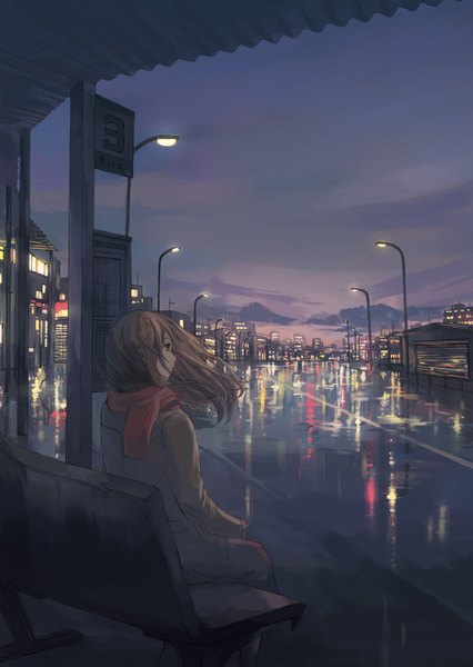 Anime picture 1447x2039 with original hanno single long hair tall image brown hair sitting brown eyes looking away sky scenic girl scarf building (buildings) coat bench road lamppost bus stop
