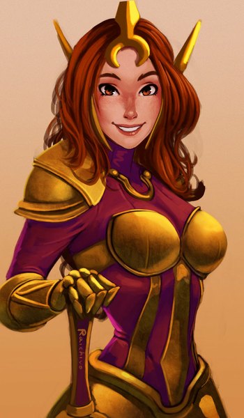 Anime picture 600x1027 with league of legends leona (league of legends) carlos eduardo single long hair tall image looking at viewer simple background smile lips orange hair orange eyes girl weapon sword armor